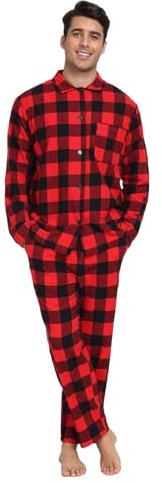 North Bund Pyjama long pour homme - En coton - À manches longues - Pantalon de pyjama à carreaux - Pour homme - Hiver - M-XXL, rouge/noir., L