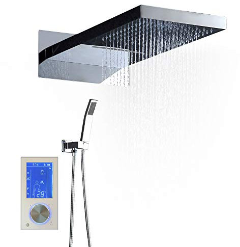 DRFGNF Sistema de Ducha termostático con Pantalla táctil LED y termostato, Compatible con Toma de Corriente Inteligente LCD, Cabezal de Ducha con Efecto Lluvia y Cascada de 230 x 55 m