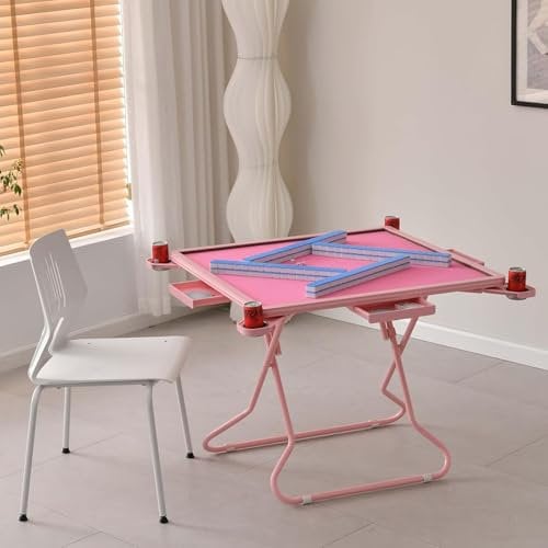 ZXSYYDS 34-Kartentische, Faltbar, Quadratisch, Mahjong-Kartentisch, Mit Grüner Filzoberfläche,4 Getränkehaltern Und 4 Chip-Rillen, Faltbarer Puzzle-Spieltisch Für Den Innen- Und Außenbereich,Pink