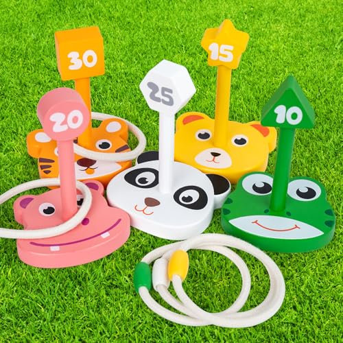 Wooden Ring Toss Game Set, Animal Ring Toss Game Toys, Fun Indoor & Outdoor Yard Game for Kids Adults - Lawn and Backyard Game for Family Birthday Party Rainy Day Summer Beach Fun Activities
