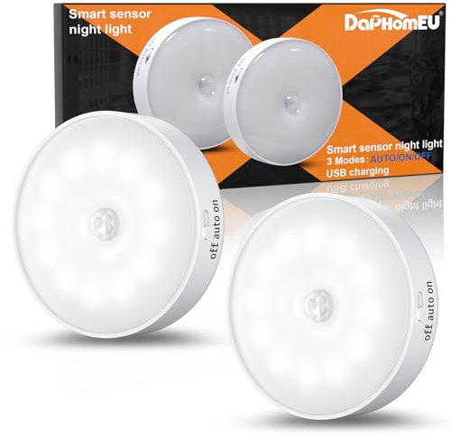 daphomeu 2 Stück Nachtlicht mit Bewegungsmelder,USB Wiederaufladbare LED-Licht,Schrankbeleuchtung,Bewegungsmelder innen für Treppenbeleuchtung,Schlafzimmer, Küche, Kinderzimmer.(Kaltweiß)