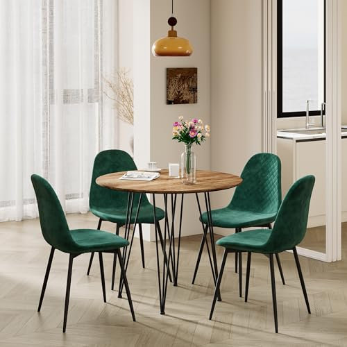 GOLDFAN Esstisch mit 4 Stühlen, Esstischset, Essgruppen, Küchentisch mit 4 Grün Esszimmerstühle, Industrie-Design, Metallgestell, für Wohnzimmer, Küche, Büro, 80cm