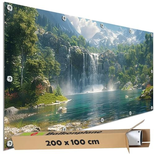 TRIOSK Sichtschutz Balkon Deko Plane Balkonblende Blickdicht mit Motiv Wasserfall Tropen See Türkis für Garten Terrasse Gartenzaun Balkonverkleidung Blickschutz PVC groß 200x100 cm