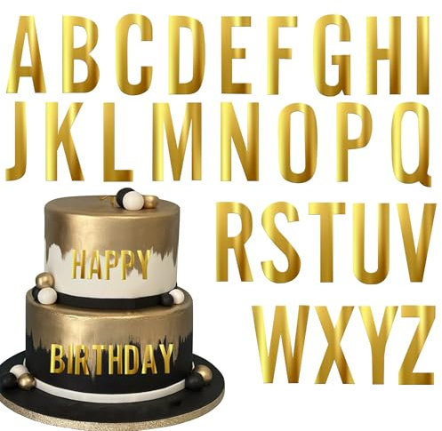 Xsstarmi 52 Pack Golden Alphabet Cake Topper A-Z Mirrored Acrylic Letters Cake Pick Personalized Name DIY Cake Decorations for Baby Shower Wedding Birthday Anniversary Party Cake Supplies