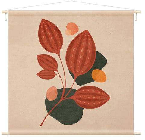 micasia Wandteppich Botanik Stoffbild inkl. Holzstäbe & Seile Wanddeko - Made in Germany - Pflanzen Illustration beige Wohnzimmer Schlafzimmer Wandbehang 1017 (110x110cm)