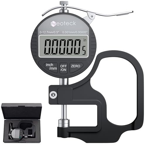 Neoteck Micrometro Digitale 0-12.7mm Risoluzione 0.001mm, Calibro Spessore con Display LCD Misuratore di Precisione Autoazzerante per Cuoio, Carta, Tessuti e Film Plastico