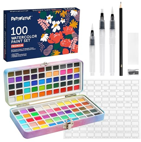 POTTREATIVE Watercolor Paint Set 100 Colors with Portable Case Non-Toxic Home and Traveling Watercolor Set Includes Drawing Pencil,Brush Pen for Artists and Hobbyists