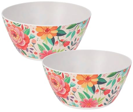 Carousel Home Set of 2 Large Floral Salad Bowls | Garden Picnic Kitchen Plastic Serving Bowls | Outdoor Dining Tableware Serving Dishes - 25x12cm