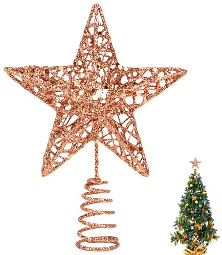 KEYIDO Rose Gold Small Christmas Tree Topper Mini Star for Christmas Tree Metal Xmas Small Star for Top of Christmas Tree Decorations Width 12cm/5Inch High 15cm/6Inch
