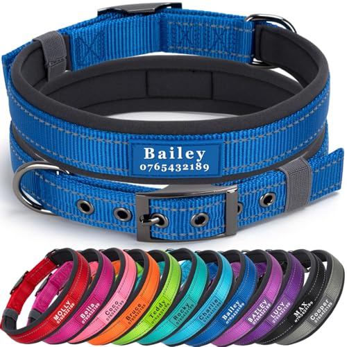 SEOUGEE Personalisiertes Hundehalsband mit Namen und Telefonnummer, strapazierfähige Metallschnalle, ultrabreites, weiches Neopren gepolstert, verstellbares, reflektierendes Hundehalsband für kleine