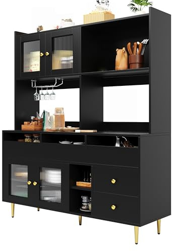 Gxffipw Küchenschrank Buffetschrank Hoch 171 cm mit Glastür und Weinglasregal, Hochschrank mit Mehrschichtiger Stauraum und Goldener Griff, Highboard Küchenschränke mit Arbeitsplatte, Schwarz
