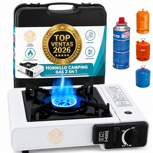 Campin Gas, 2 en 1, Hornillo Camping Gas Portátil, Adaptador para Bombona Grande o para Cartuchos, Ideal para Camping Emergecias, Maletín incluido, NO INCLUYE CARTUCHOS DE GAS NI MANGUERA DE GAS.