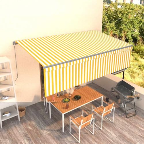 Owoxanthellate Store à manivelle 5 x 3 m - Jaune blanc anthracite - Cadre en aluminium et tissu résistant aux UV - Pour balcon, terrasse, jardin, camping
