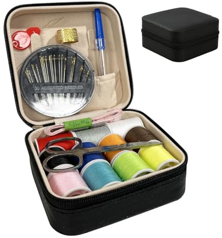 Tragbares Retro Nähset, Elegante Schwarz Komplett Nähset, Reise-Nähset in PU-Ledertasche mit Zubehörteilen, Nadel und Fadenset für Anfänger & Profis, Perfekt für Zuhause, Reisen & DIY-Projekte