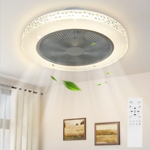 Homefire Deckenventilator Mit Beleuchtung und Fernbedienung Leise - 48.5CM | LED Deckenlampe Dimmbar Wohnzimmer Ventilator Timing Deckenleuchte Fan Kristall Sommer-/Winter für Schlafzimmer