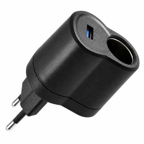 Powice 230V auf 12V 2A Adapter mit USB und Kfz-Buchse, EU-Stecker | 230V auf 12V 2A Adapter mit USB-Anschluss und Kfz-Buchse für Dashcam, Navi, LED-Geräte und kleine 12V-Geräte