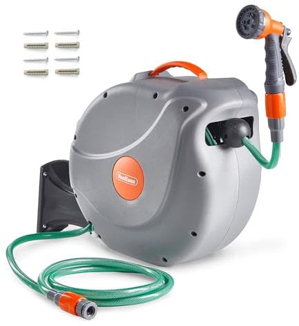 VonHaus Schlauchtrommel - Gartenschlauch Trommel für die Wandmontage mit 180° Schwenkbar & Aufrollautomatik - Inkl. 8-Stufiger Sprühdüse (20 m)