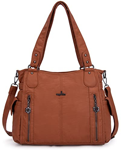 Angelkiss 2 Sacs à Main Femmes Cuir Sacs Portés Main Bourses en Cuir Lavé Top Zippers Multi Pockets Sacs à Bandoulière 1193
