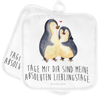 Mr. & Mrs. Panda Topflappen Pinguin umarmen - Geschenk, Topflappen 2er Set, Hochzeit, Liebe, Topflappen mit Spruch, Ofenhandschuh, Topflappenset,