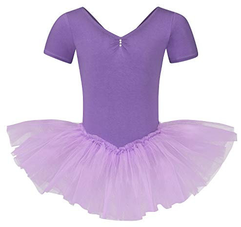 tanzmuster ® Ballettkleid Mädchen Tutu - Nele- aus weichem Baumwollstoff mit Glitzersteinen fürs Kinder Ballett Ballettbody Ballett Trikot, Lavendel 152-158