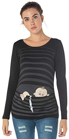 M.M.C. Umstandsshirt Langarm Damen mit Baby-Flucht-Motiv – Umstandsmode T-Shirt für die Schwangerschaft, mitwachsende Raffung, 95% Baumwolle (Schwarz, Large)