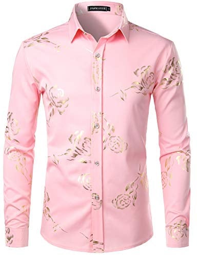 PARKLEES Mens Hipster Gold Rose Printed Slim Fit Long Sleeve Dress Shirts/Prom Performing Shirts PZ56 Pink S