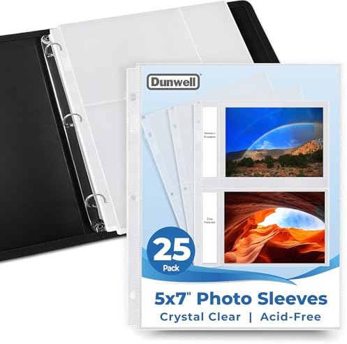 Dunwell Photo Album Refills 5x7 - (25 Pack), for 100 Pictures, Photo Sleeve Inserts for 3-Ring Binder, 2-Pocket Photo Page for 5 x 7 Photographs, Postcards, Recipe Cards