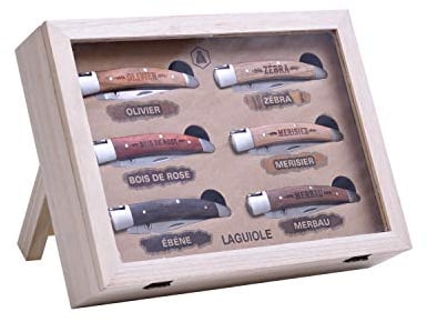 LAGUIOLE - Laguiole Set 6 Klappmesser, Griffe aus Oliven-, Rosen-, Ebenholz-, Zebra-, Kirsch- und Birkenholz, Klingen aus rostfreiem Stahl, braun, 29cm - Glas - Braun