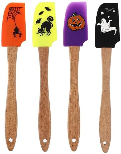 HEMOTON 4 Stück Teigschaber Set aus Silikon Halloween Hitzebeständig Spatulas Silikon Spachtel Küchenschaber Küchenutensilien zum Kochen, Backen Und Mischen (Geist/Katze/Kürbis/Spinne)