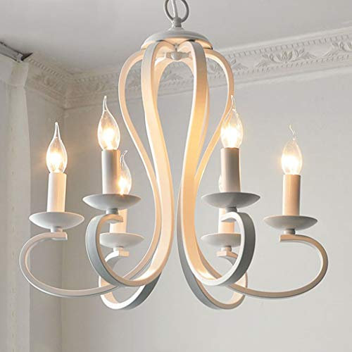 Antik Pendelleuchte Kronleuchter Landhaus LED 6 Flamme Eisen-Leuchter Einstellbare Höhe Weiß Schwarz Nordisch Vintages Für Wohnzimmer Schlafzimmer Esszimmer Küche Lüster,Weiß
