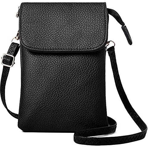 LassZone Women Girls Leather Phone Bag Crossbody Phone Bags Small Black Handbags Wallet Purse Ladies Cellphone Shoulder Bags with Long Strap
