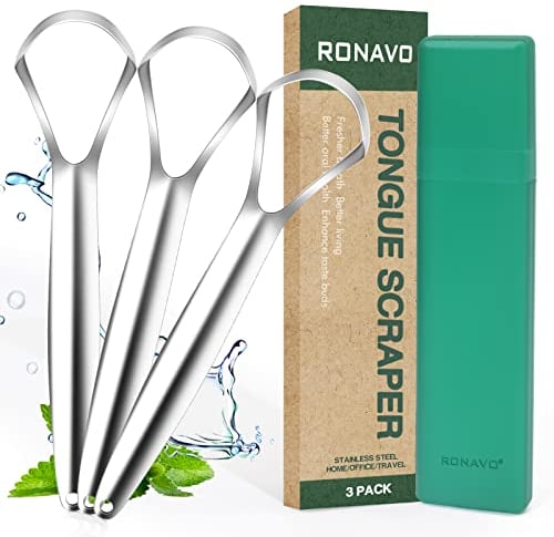RONAVO Tongue Scraper (3 Pack) - Tongue Cleaner Tool Dentist Approved, Stainless Steel Tongue Scrapers for Adults, Tongue Cleaners Cure Bad Breath,Tongue Cleaning Tool with Travel Case