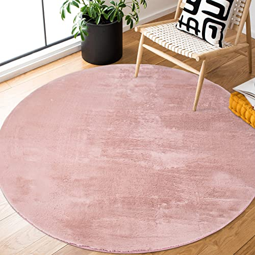 carpet city Hochflor Teppich Wohnzimmer - Einfarbig Rosa - 160x160 cm Rund - Super Soft Polyester - Weicher Flor - Teppiche Schlafzimmer - Langflorteppich Puder-Pink