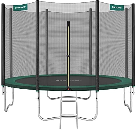 SONGMICS Trampoline Extérieur Enfant Diamètre 366 cm, Filet de Protection Externe, Coussins de Sécurité, Échelle, Poteau Droit de 180 cm de Haut, Cadre en Acier, Vert Foncé STR12GNV1