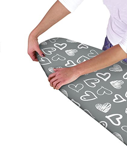 COUNTRY CLUB Flexible Elasticated Multi-Fit Ironing Board Covers - Grey Hearts, Geometric, Moroccan - Heat Reflective Technology - Quick and Easy To Fit (Grey Hearts)