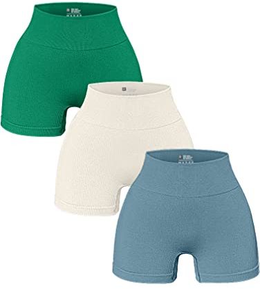 OQQ Damen 3-teilige Yoga-Shorts Gerippte Nahtlose Workout Hohe Taille Athletic Leggings, Grün, Beige, Blau, Klein