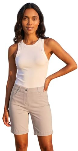 Roman Stretch Shorts for Women UK Ladies Pull On Turned Hem Cut Off Bengaline Mom Boyfriend Boy Denim Casual Cropped Pants Capri Slim Fit Turn Up Summer Crops Mother - Natural - Size 16