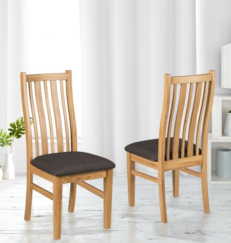 Hallowood Furniture Oak Dining Chairs Set of 2 with Linen Fabric Seat Pad, Stylish Solid Wooden Light Oak Kitchen Dining Room Chairs in Charcoal Grey Seat for Home and Restaurant