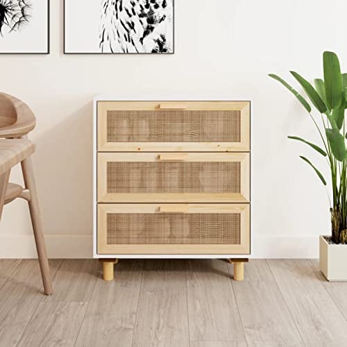 XIAOGUANG Sideboard, Kommode Schlafzimmer, Komodenschrank, Flur Möbel, Apothekerschrank, Wohnzimmerschrank, Beistellschrank, Flur Schrank, Weiß 60x30x70 cm Massivholz Kiefer und Natur-Rattan