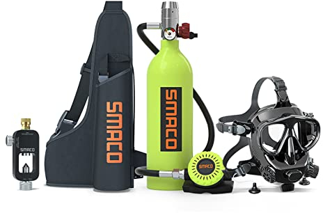 SMACO Tanque de Buceo Mini de 1L Que Proporciona 15-20 Minutos de Respiración para Buceo (No más de 33 pies) Kit de Buceo para práctica/Submarinismo/Uso como Aire de Respaldo, Paquete B (Verde)