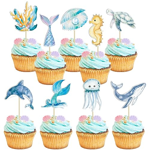 Gyufise 36Pcs Mermaid Cupcake Toppers Under the Sea Turtles Octopus Mermaid Tail Cupcake Picks Seahorse Coral Cake Decorations for Under the Sea Theme Baby Shower Birthday Party Supplies