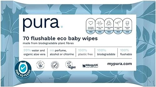 Pura TBD365 GIFFTING Spülbare Babytücher, 100 % plastikfrei, 99 % Wasser, geeignet für empfindliche Haut und zu Ekzemen neigende Haut, biologisch abbaubar, 70 Tücher