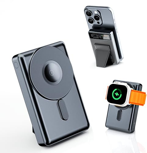 KPON Power Bank 10,000mAh Magsafe Bateria Externa para iPhone y Apple Watch,PD 20W Carga rápida inalámbrica USB-C Pantalla LED Cargador portátil con Base, Compatible con iPhone, Apple Watch