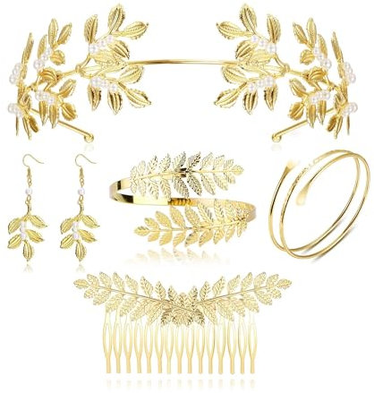 CASSIECA 5 Stücke Griechische Göttin Kostüm Schmuck Set Gold Hochzeit Brautschmuck Lorbeerkranz Haarspange Armband Oberarmreif Ohrringe Haarreif Set Boho Blatt Haar Krone Accessories Damen