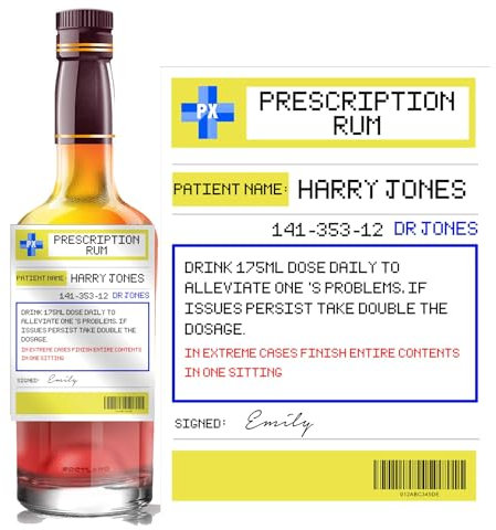 forefrontdesigns Personalised Novelty Prescription Rum Bottle Label - Funny Prescription Bottle Label for Alcohol - Spoof Prescription Wine Stickers for Bottles, Secret Santa,Joke Gifts