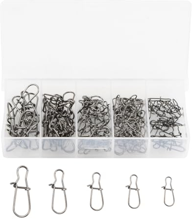 Cozlly Snaps Angeln Set, 100 Stück Angeln Lock Snaps, Edelstahl Duo Lock Snaps mit Box, Karabiner-Set zum Raubfischangeln, für Barsch, Forelle, Zander & Hecht (5 Größen, Silber)