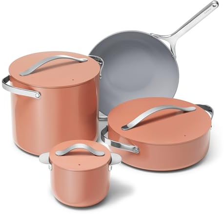 Caraway Cookware+ Collection – Spezial-Kochgeschirr-Set – Petite Cooker, Bratpfanne, Rondeau & Suppentopf – 3 Deckel und Aufbewahrungs-Organizer im Lieferumfang enthalten – Perracotta