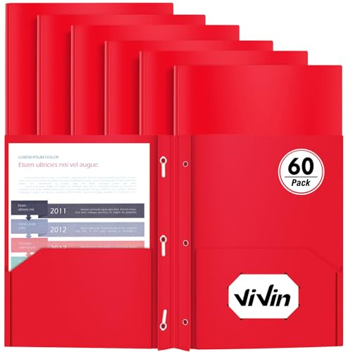 Robuste Kunststoff-Ordner, 60 Stück, Taschenordner mit Heftklammern, Briefform, Poly-Ordner mit 3 Zinkenverschlüssen, Rot