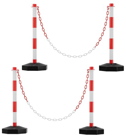 Ikodm 4X Absperrpfosten, Kettenpfosten von 1,4 m Kunststoff Absperrketten Rot und Weiß, Poller Standfuß fasst 3,5 kg Wasser und Sand, Sperrpfosten für Parkplatz, Garage, Auffahrt, dem Tor