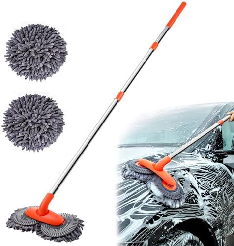 Mopa de lavado de coches con mango largo, 115 cm, cepillo de lavado de coches con mango telescópico, 2 en 1, juego de limpieza de microfibra de chenilla para coche, camión, caravana, autocaravana,